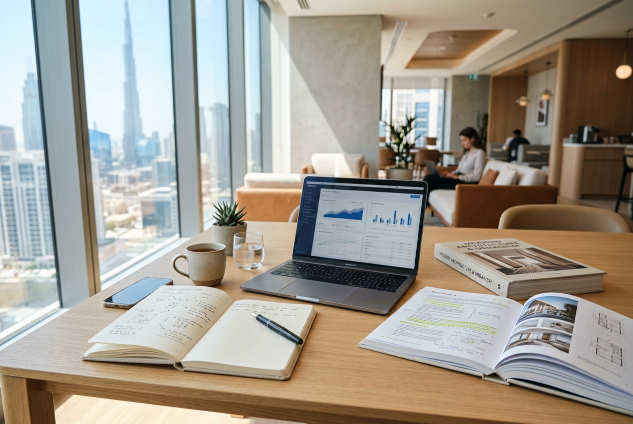 Professional business research workspace